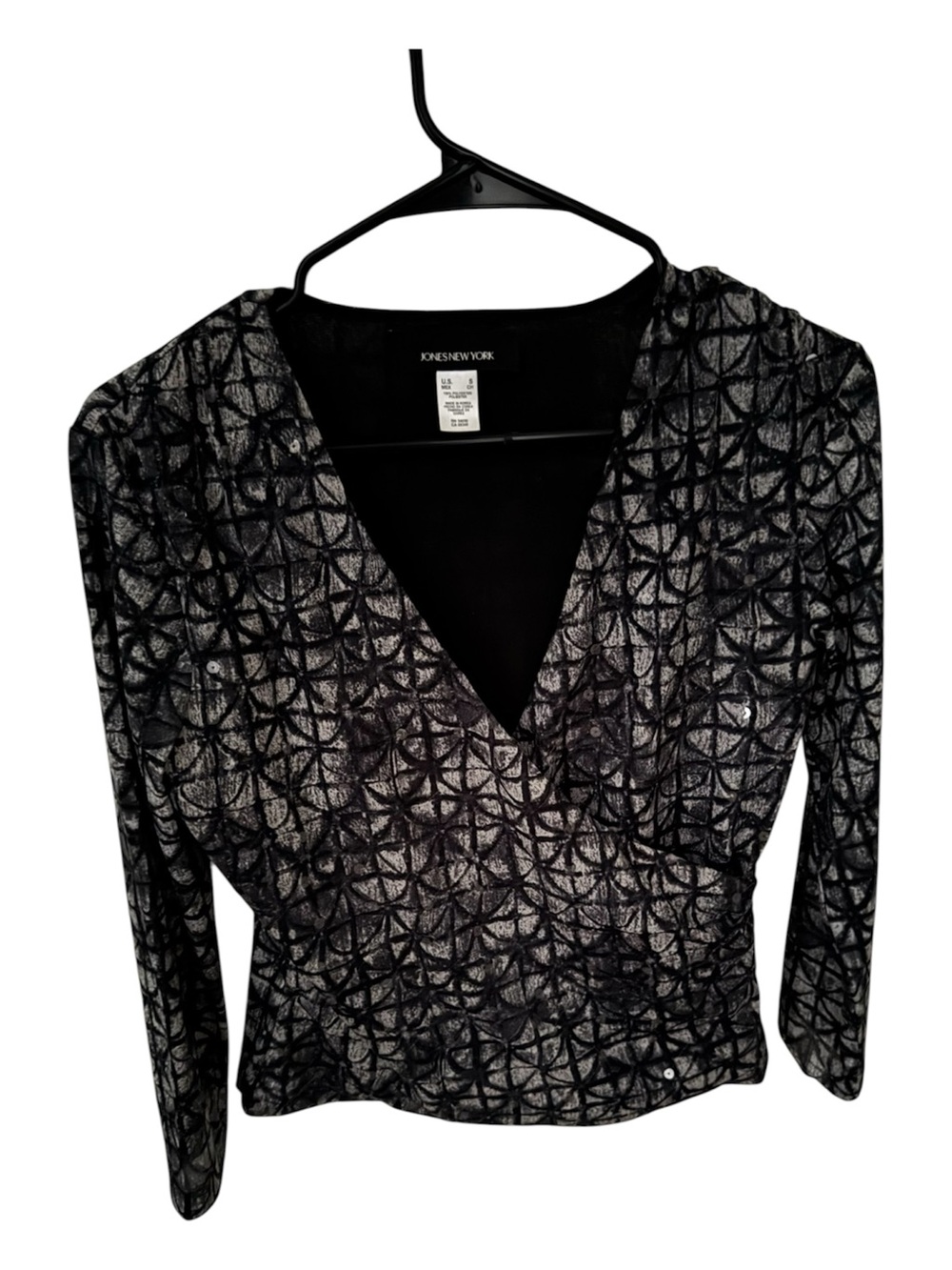 Jones New York Black & Silver Geometric Wrap-Style Blouse